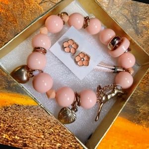 Peach Beaded Cat Theme Bracelet